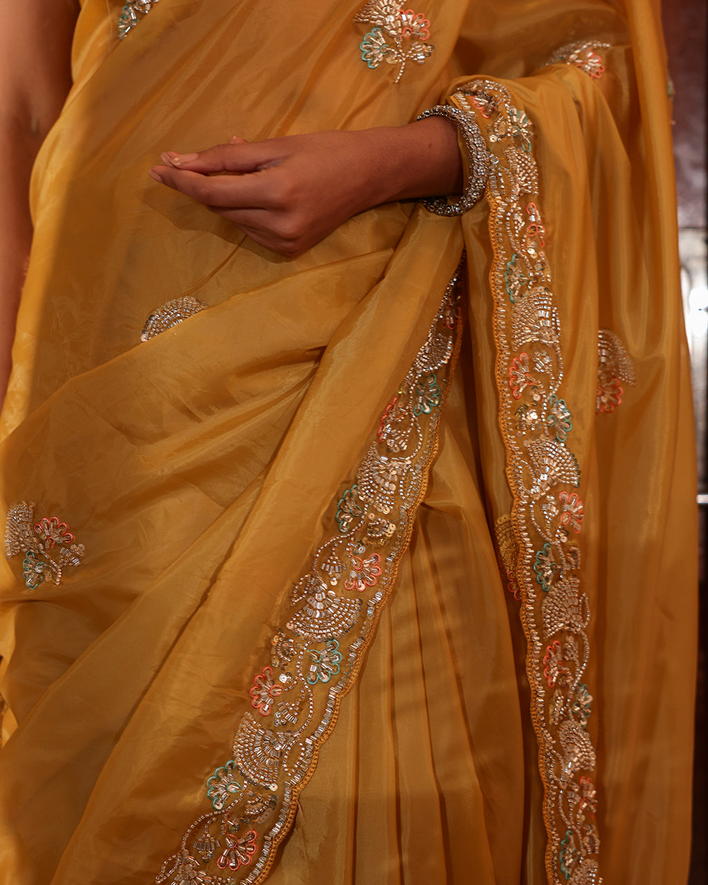 Mustard Gold Shimmer Embroidered Saree
