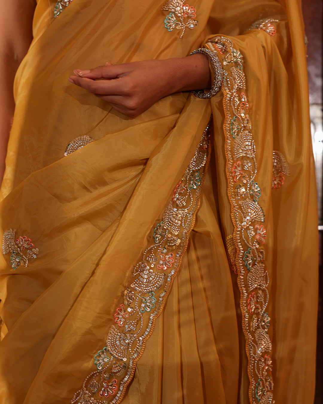 Mustard Gold Shimmer Embroidered Saree