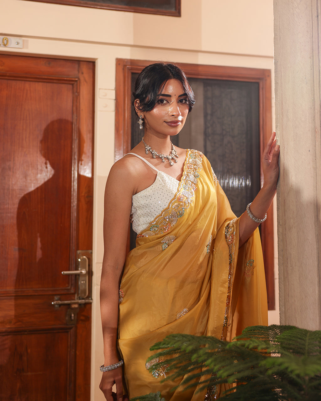 Mustard Gold Shimmer Embroidered Saree