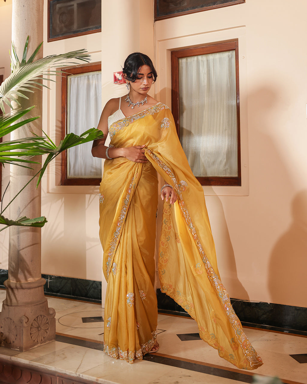 Mustard Gold Shimmer Embroidered Saree