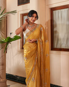 Mustard Gold Shimmer Embroidered Saree