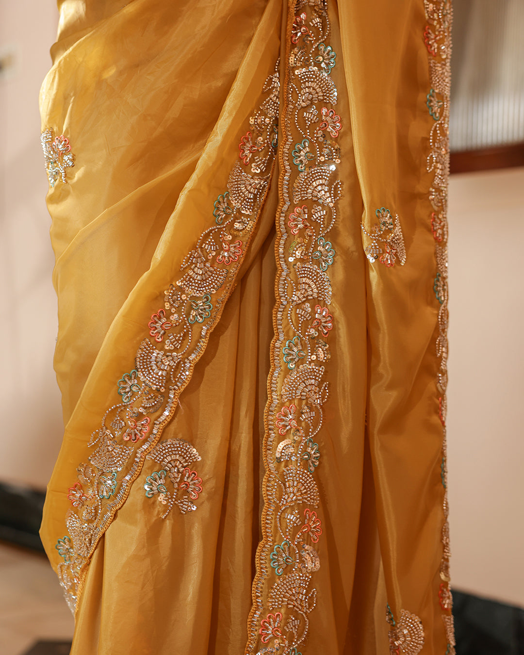 Mustard Gold Shimmer Embroidered Saree