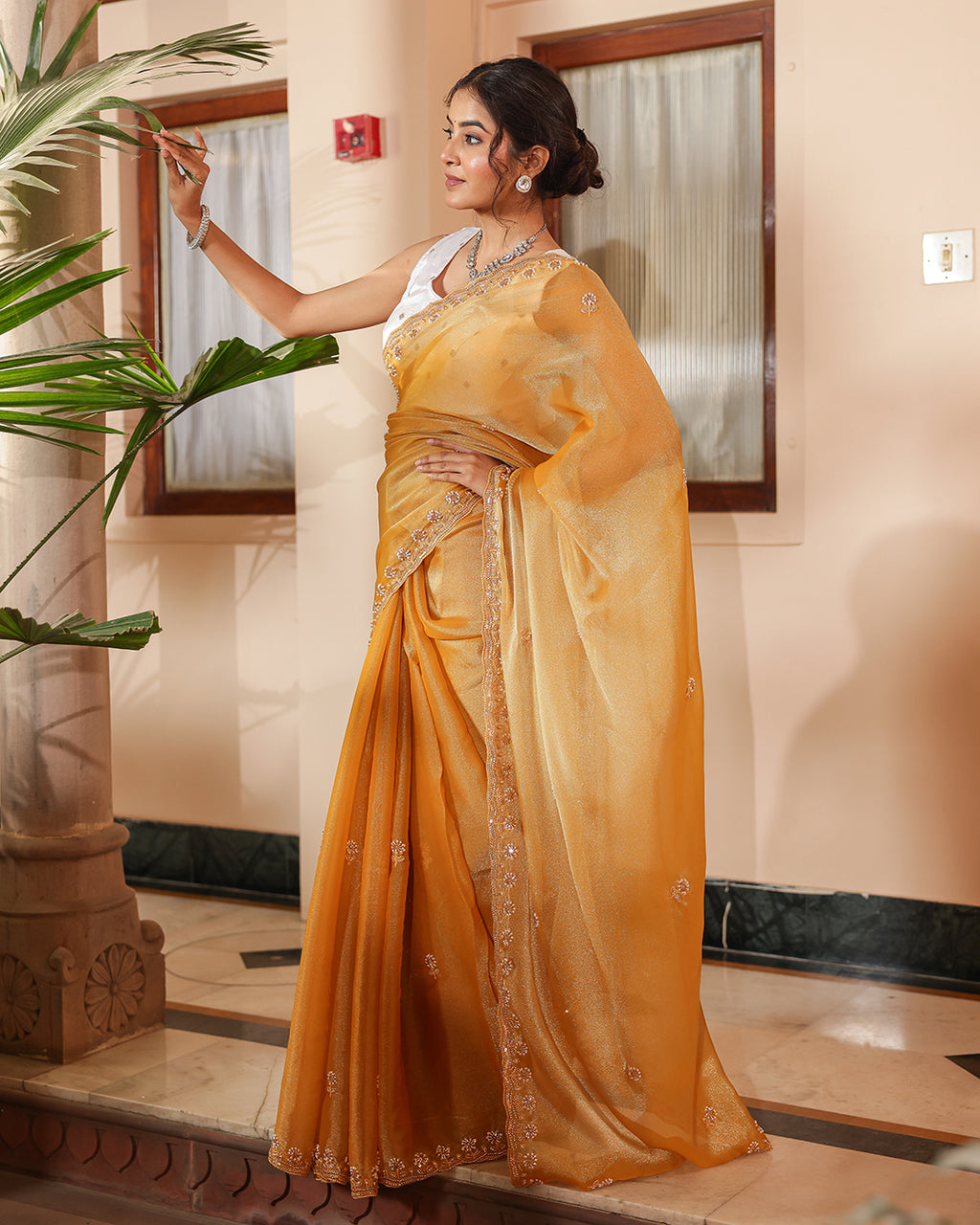 Mustard Designer Shimmer Sequin Saree