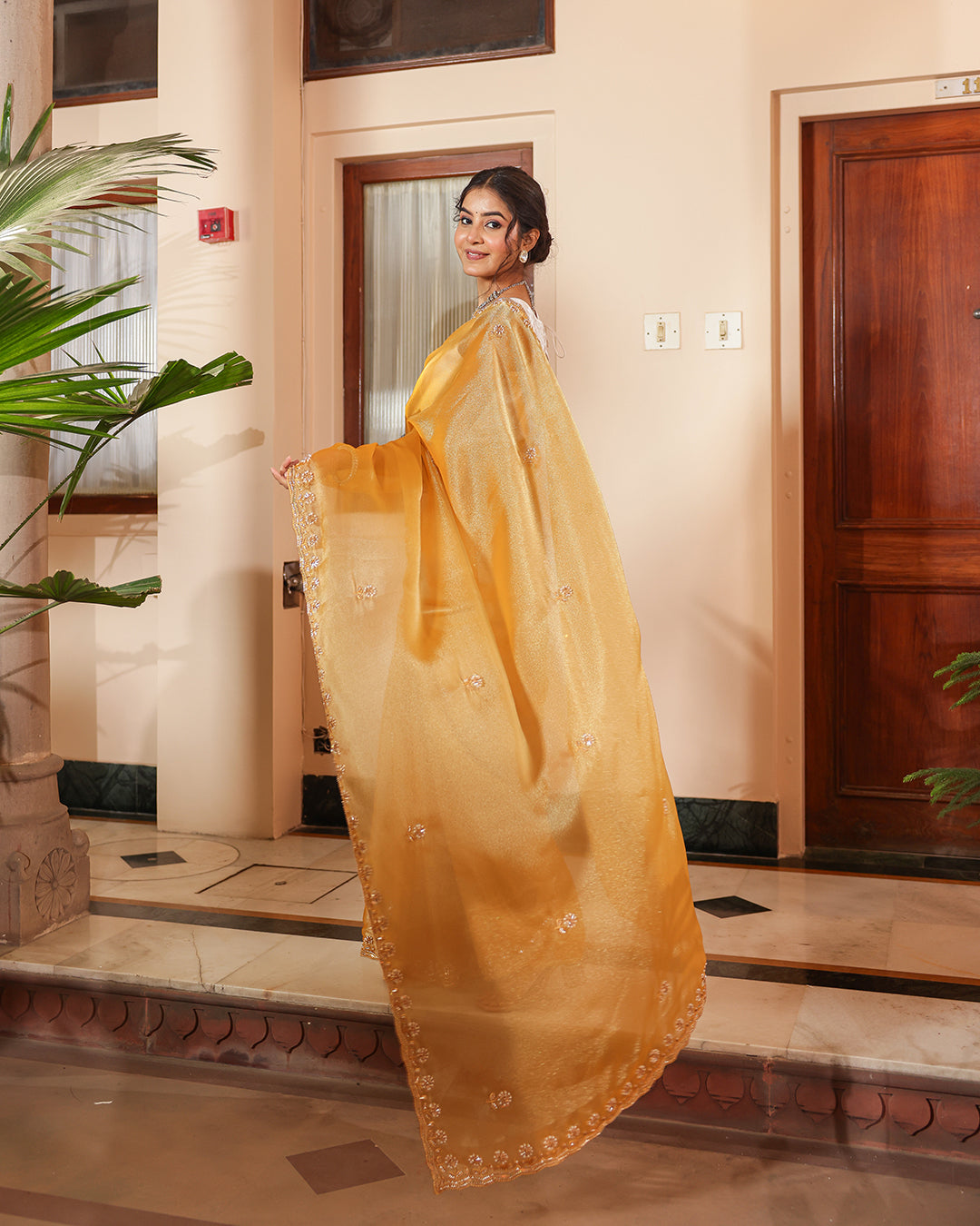 Mustard Designer Shimmer Sequin Saree