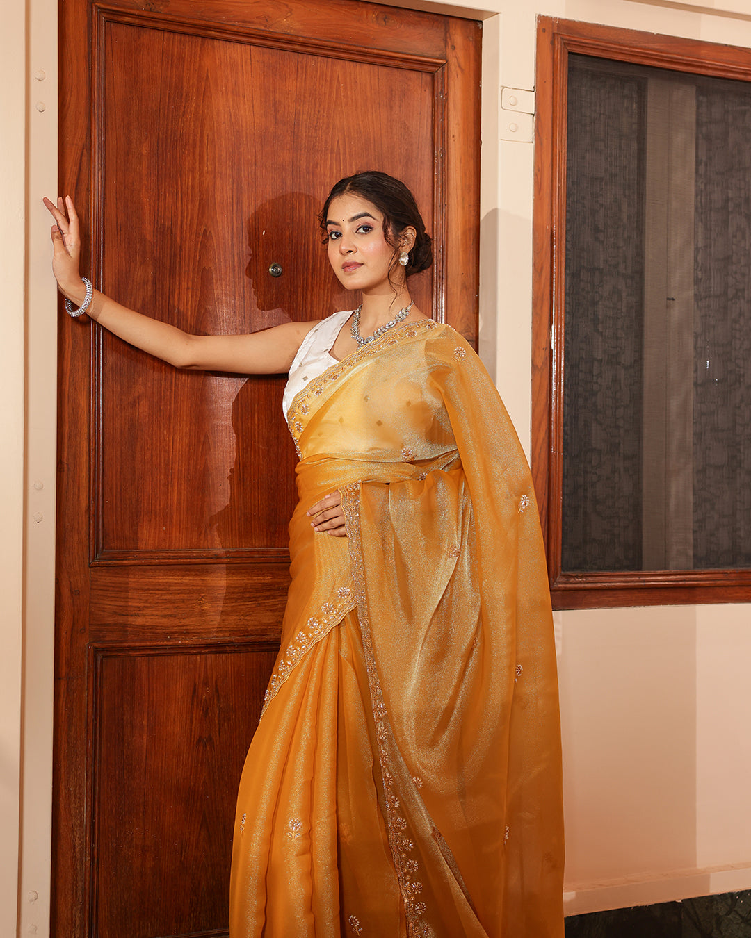 Mustard Designer Shimmer Sequin Saree