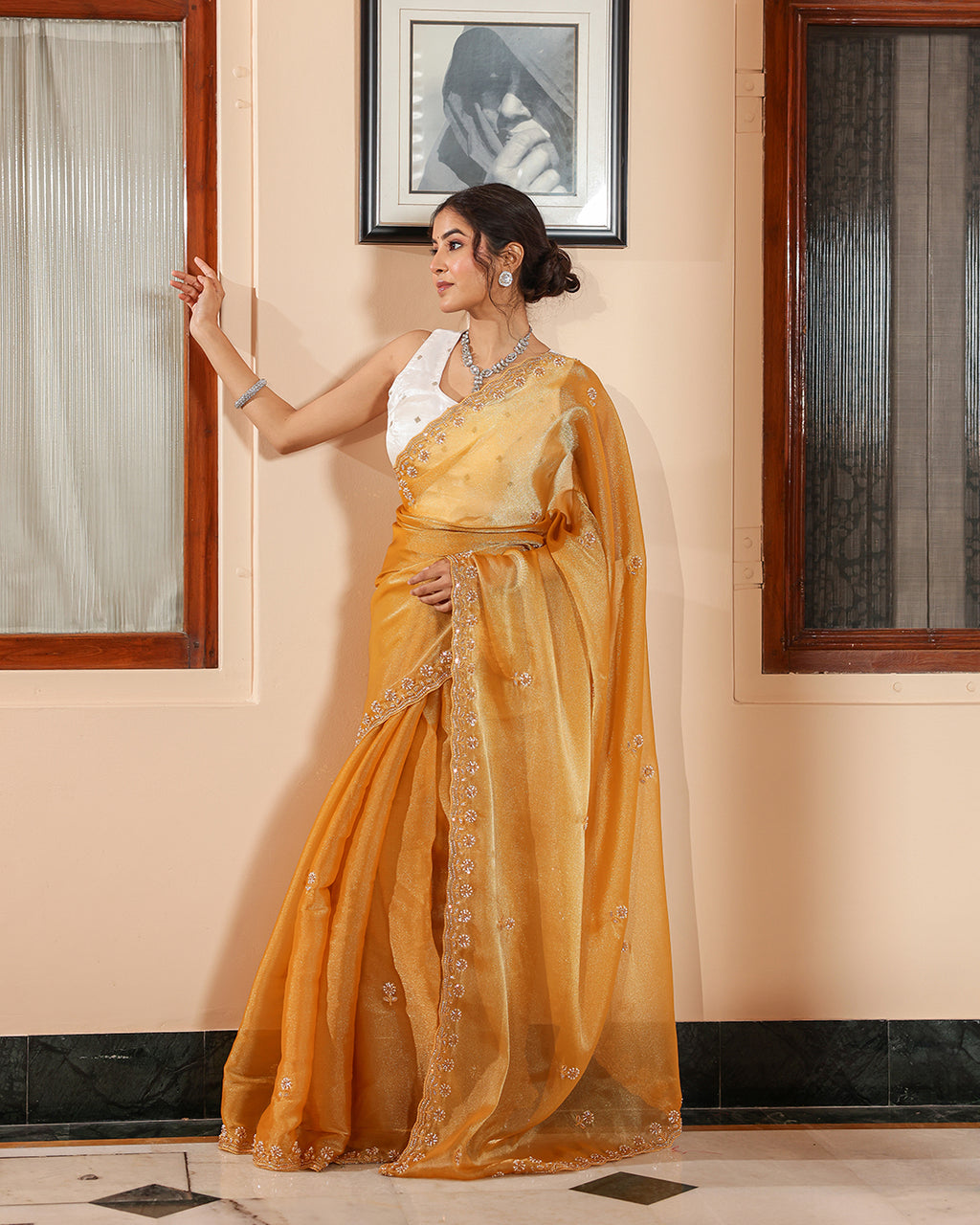 Mustard Designer Shimmer Sequin Saree