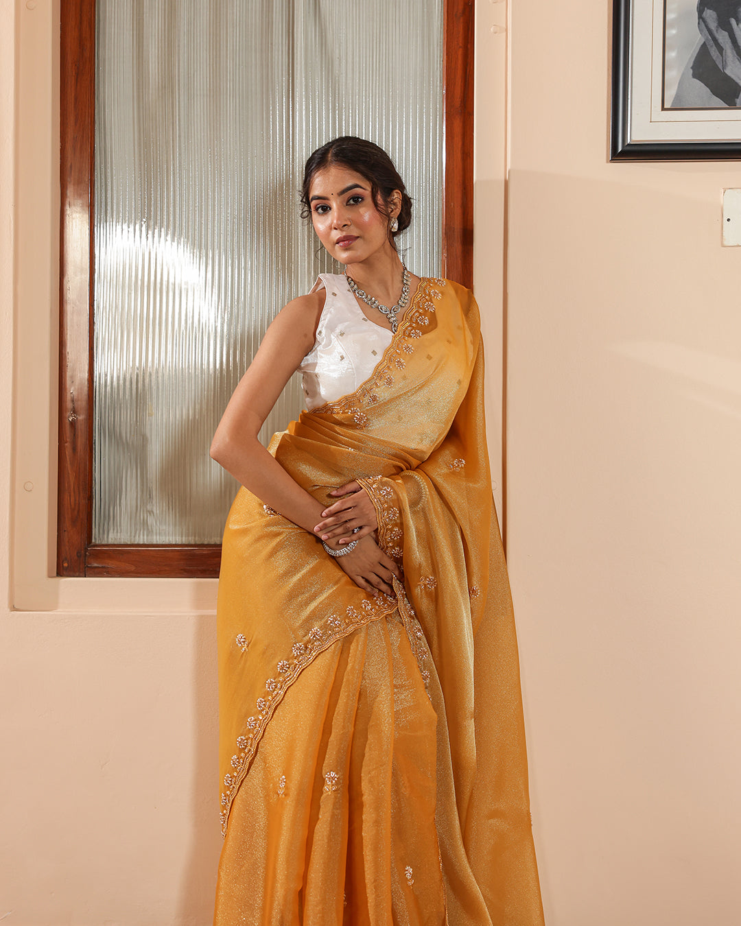 Mustard Designer Shimmer Sequin Saree