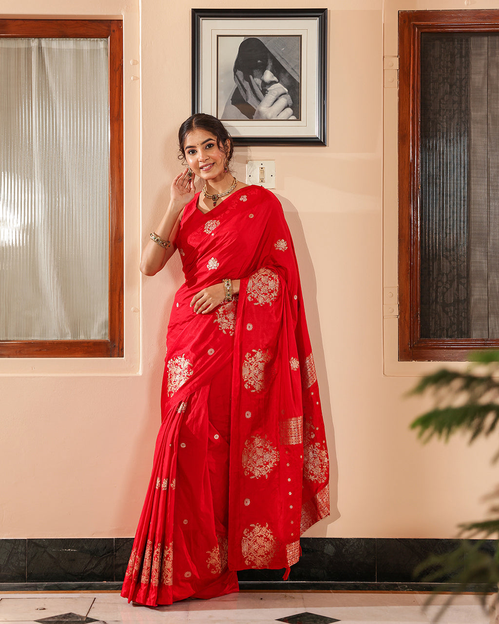 Red Silk Blend Satin Border Saree