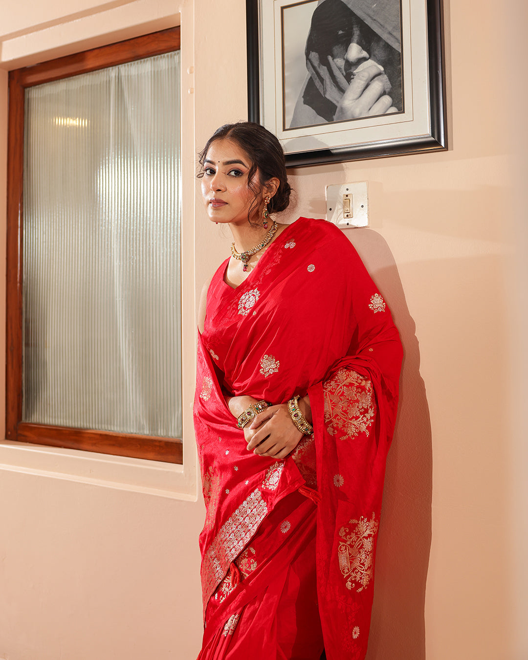 Red Silk Blend Satin Border Saree