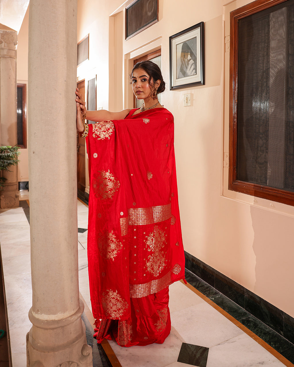 Red Silk Blend Satin Border Saree
