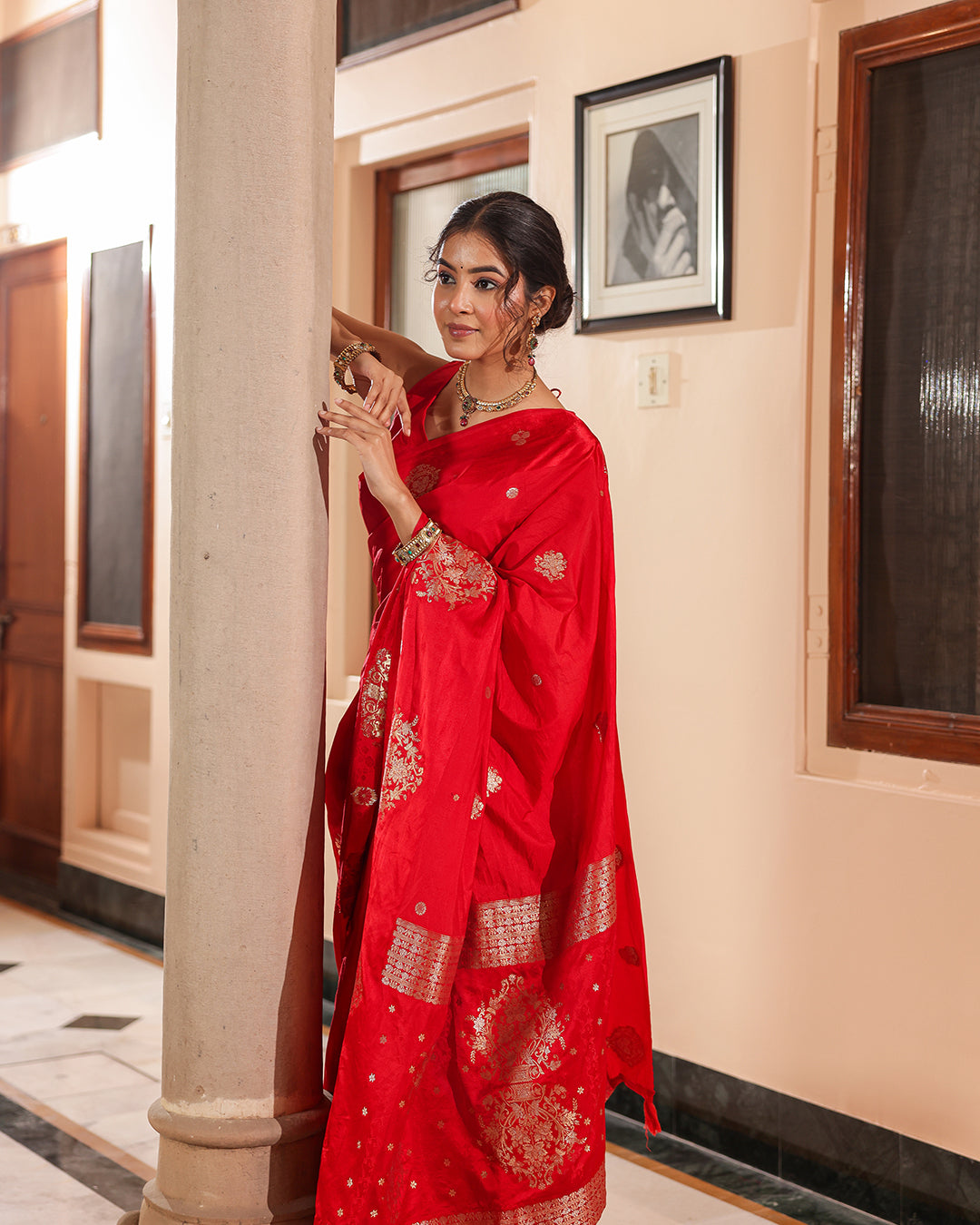 Red Silk Blend Satin Border Saree
