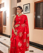 Red Silk Blend Satin Border Saree