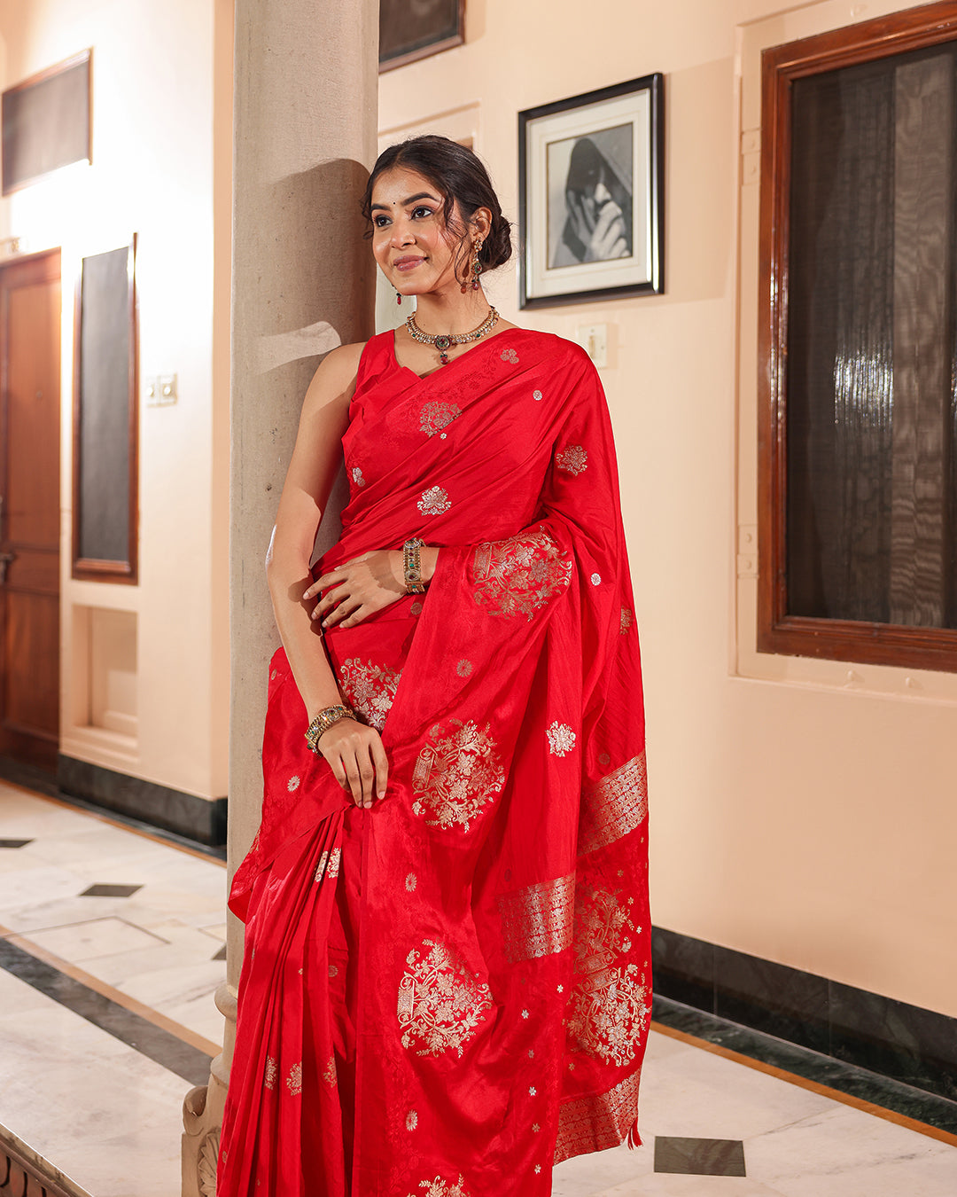 Red Silk Blend Satin Border Saree