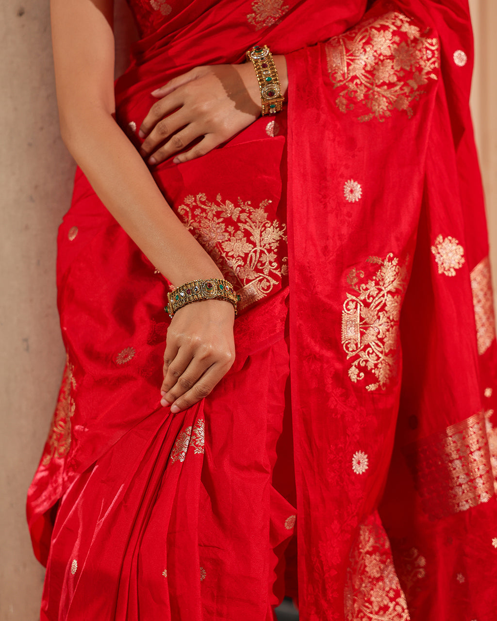 Red Silk Blend Satin Border Saree