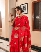 Red Silk Blend Satin Border Saree