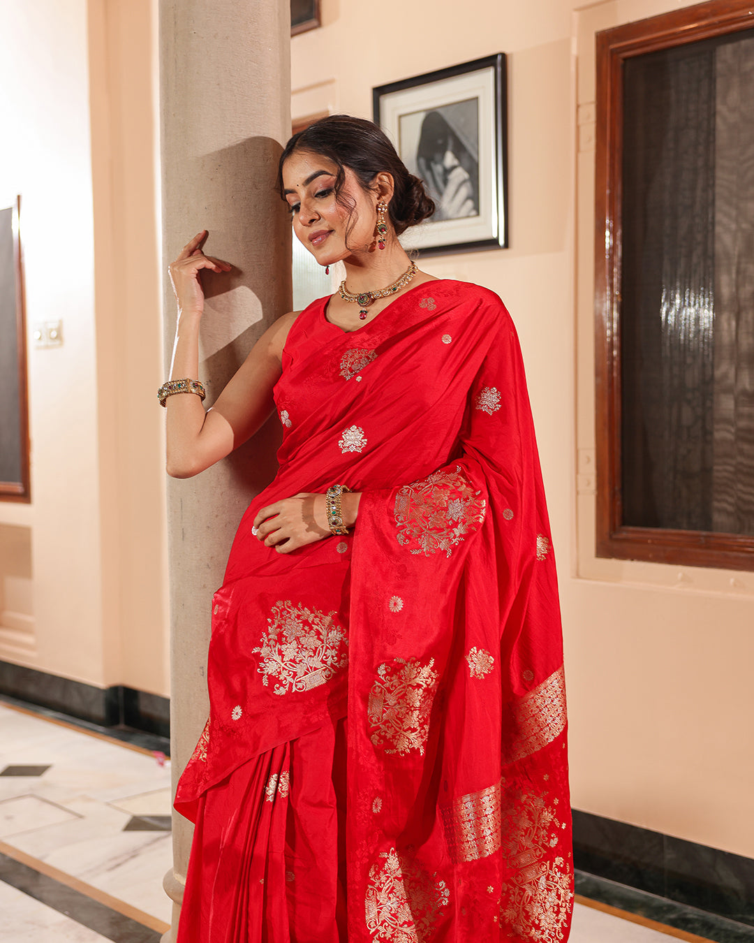 Red Silk Blend Satin Border Saree