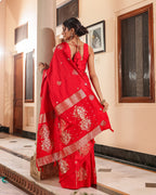 Red Silk Blend Satin Border Saree