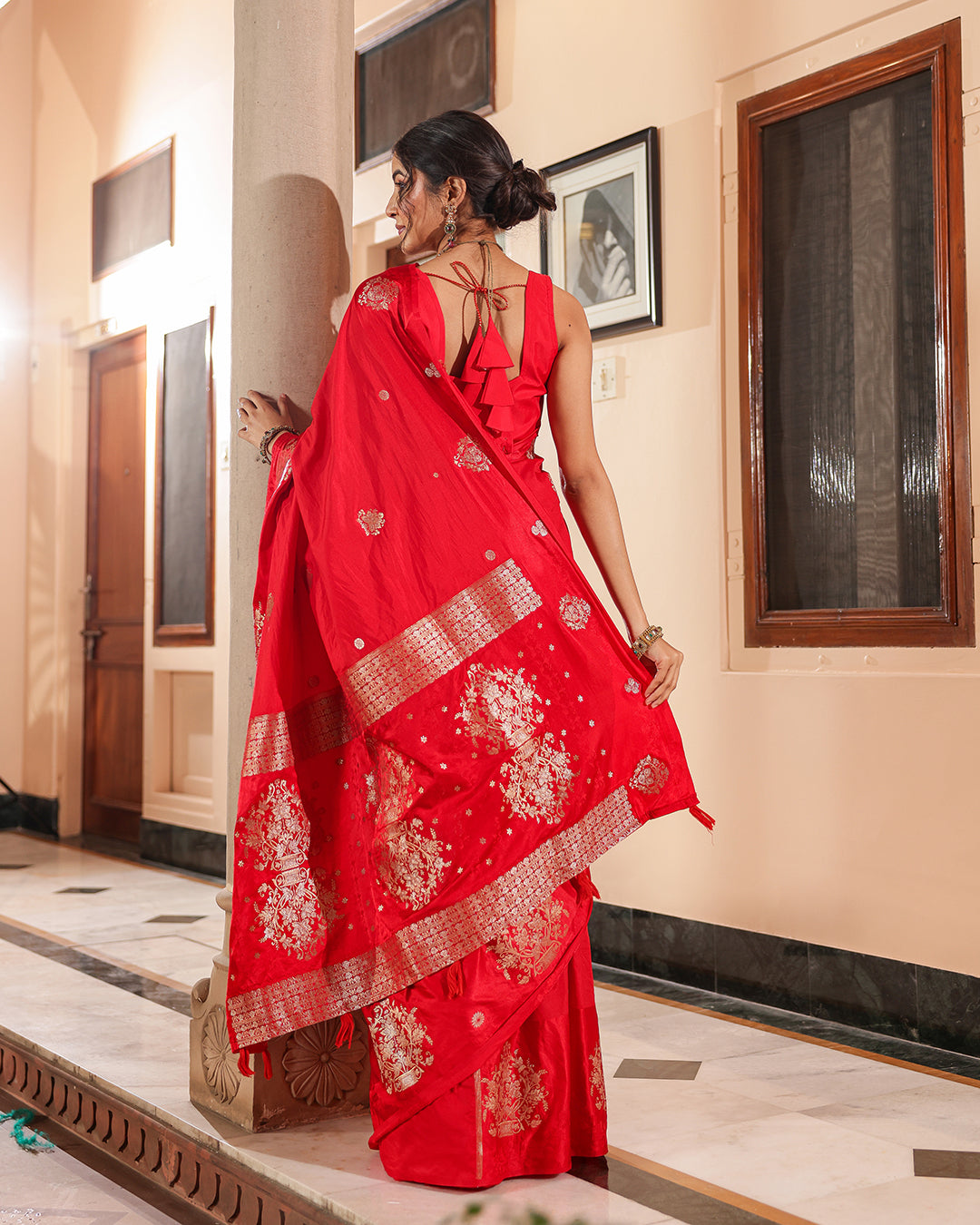 Red Silk Blend Satin Border Saree