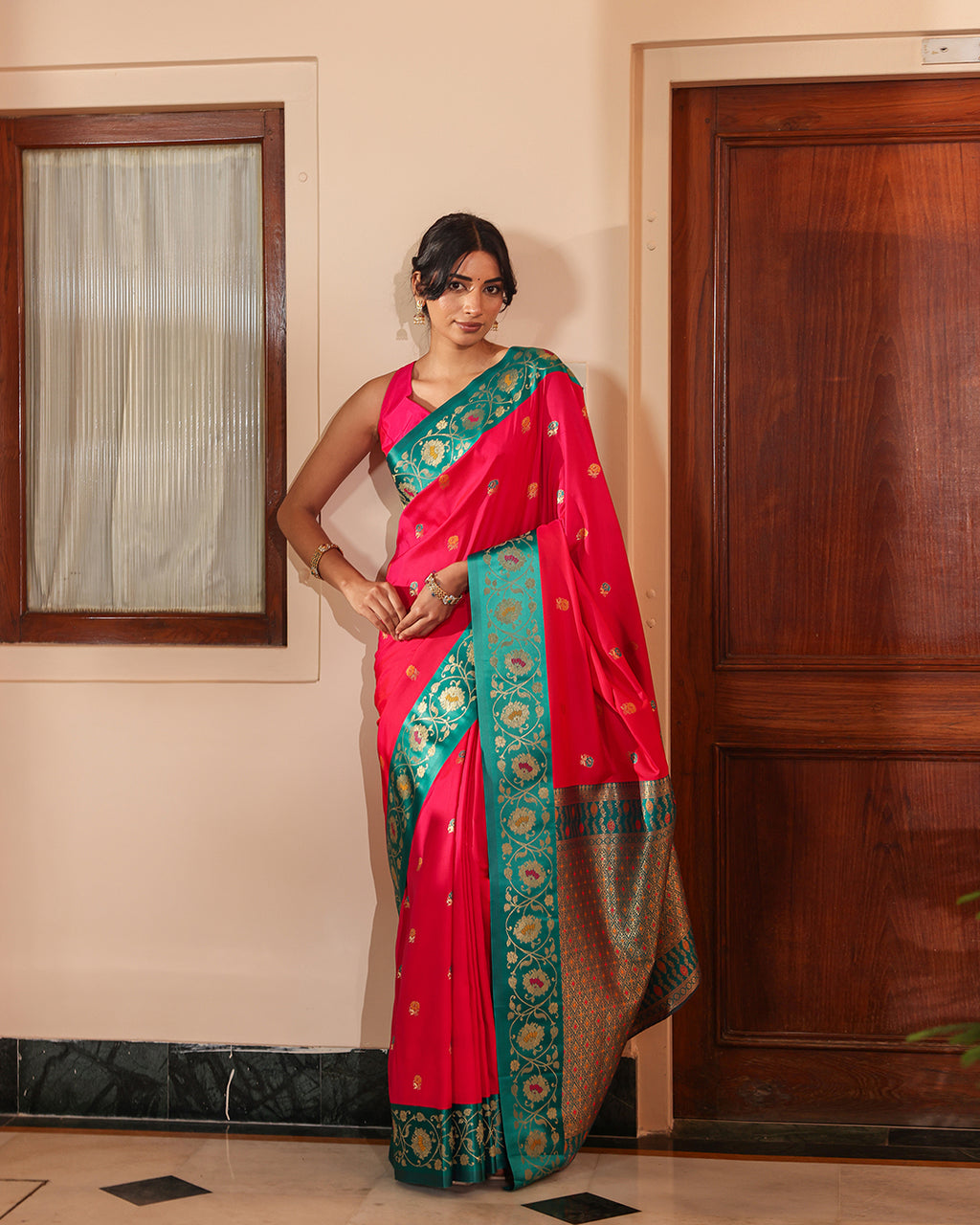 Fuchsia Pink Teal Minakari Silk Saree