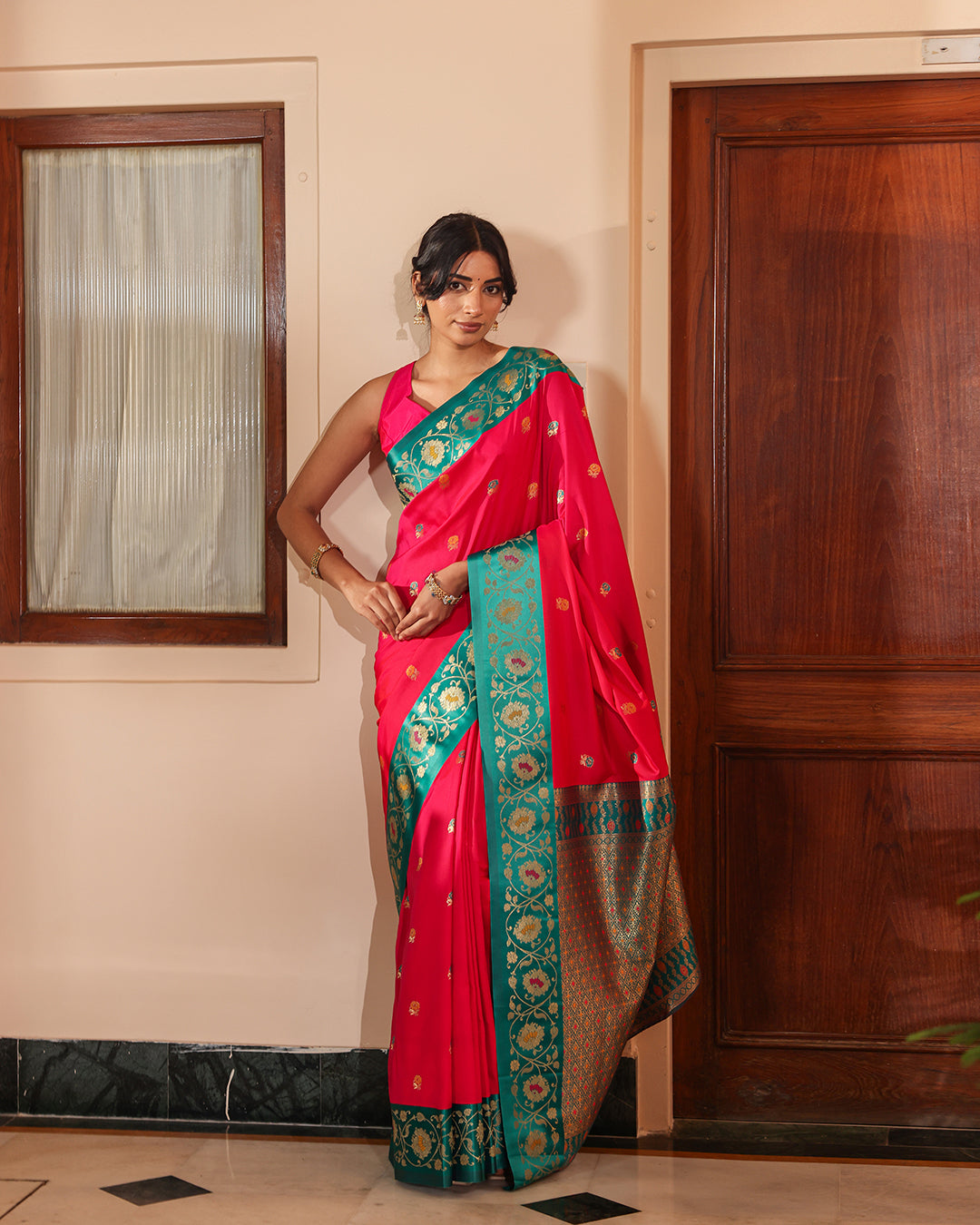 Fuchsia Pink Teal Minakari Silk Saree