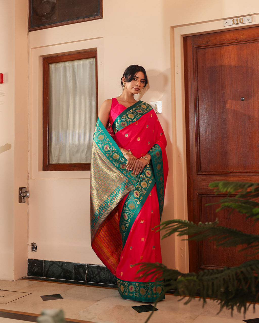 Fuchsia Pink Teal Minakari Silk Saree