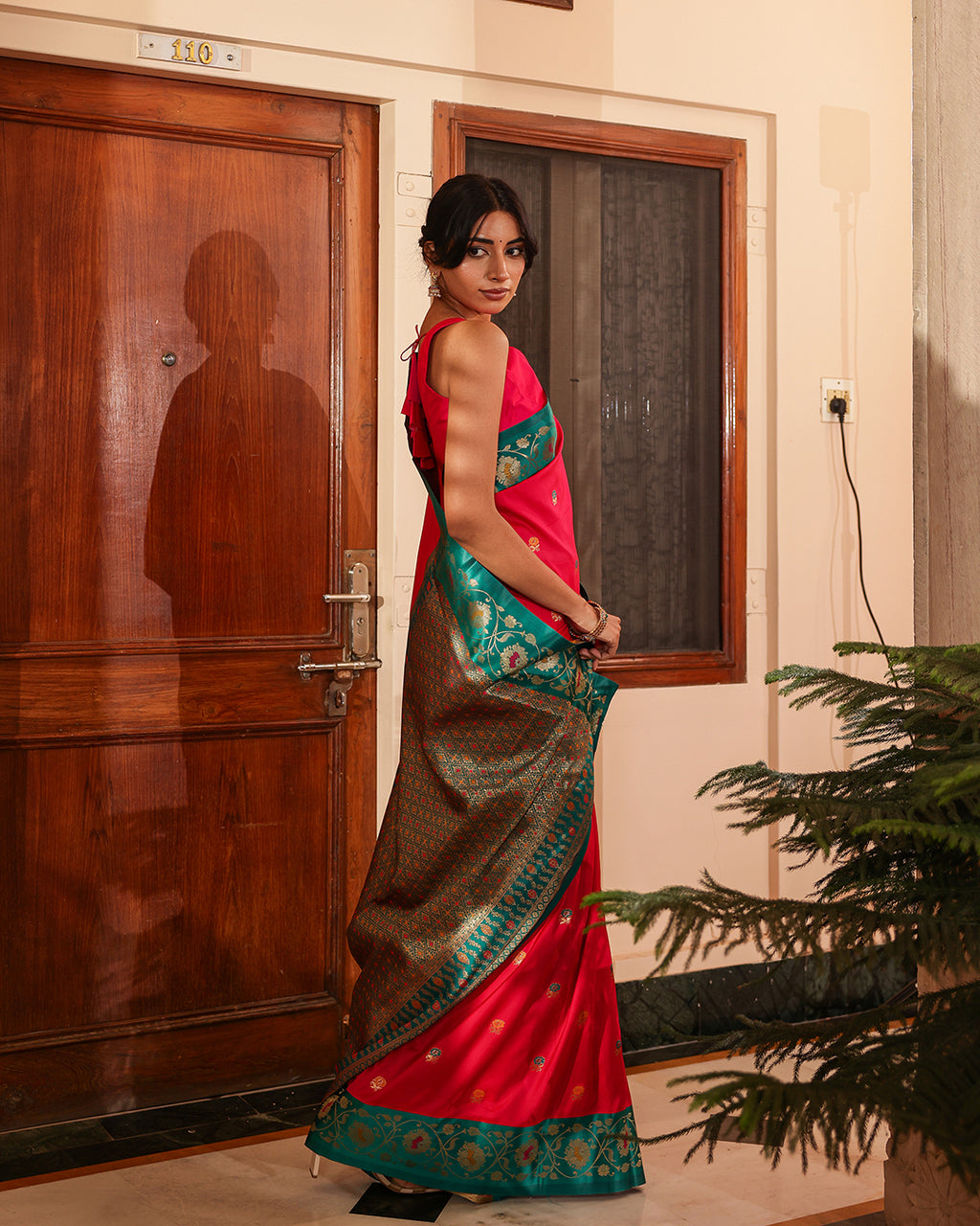 Fuchsia Pink Teal Minakari Silk Saree