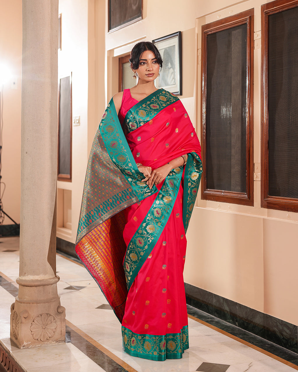 Fuchsia Pink Teal Minakari Silk Saree