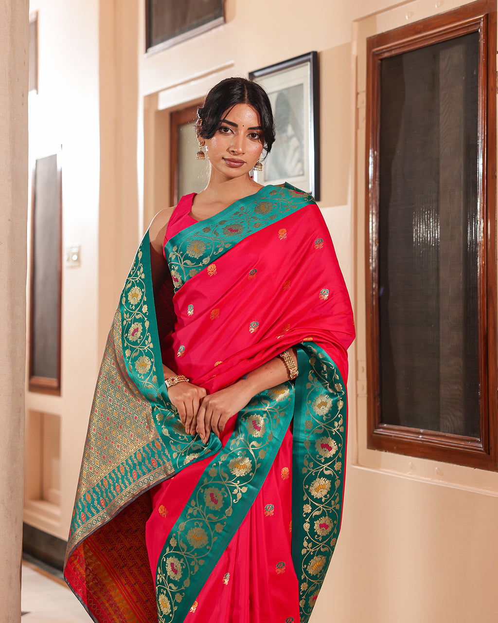 Fuchsia Pink Teal Minakari Silk Saree