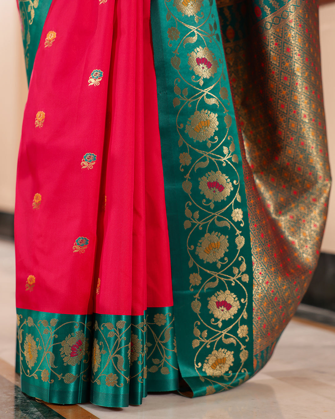 Fuchsia Pink Teal Minakari Silk Saree