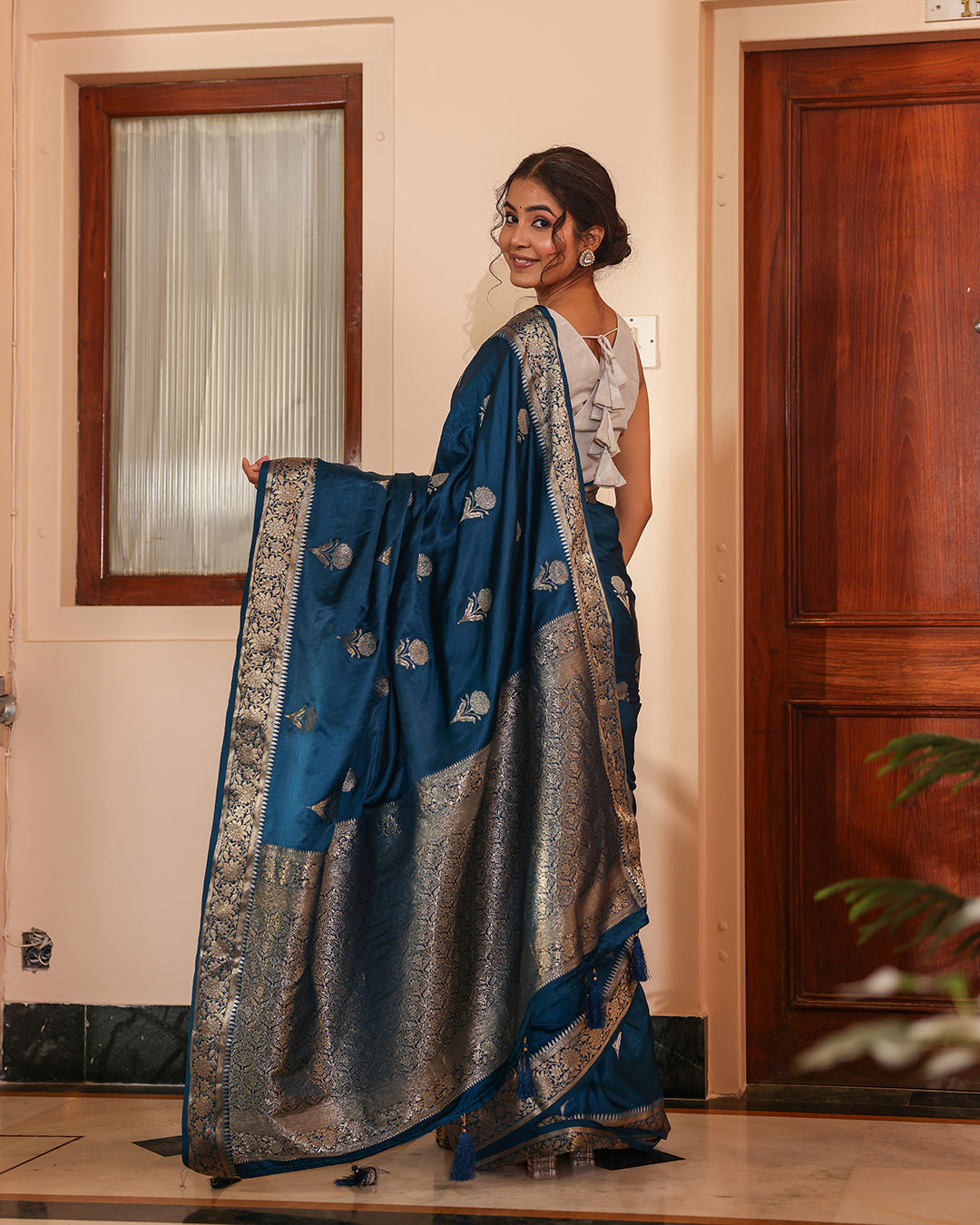 Midnight Blue Golden Zari Silk Saree