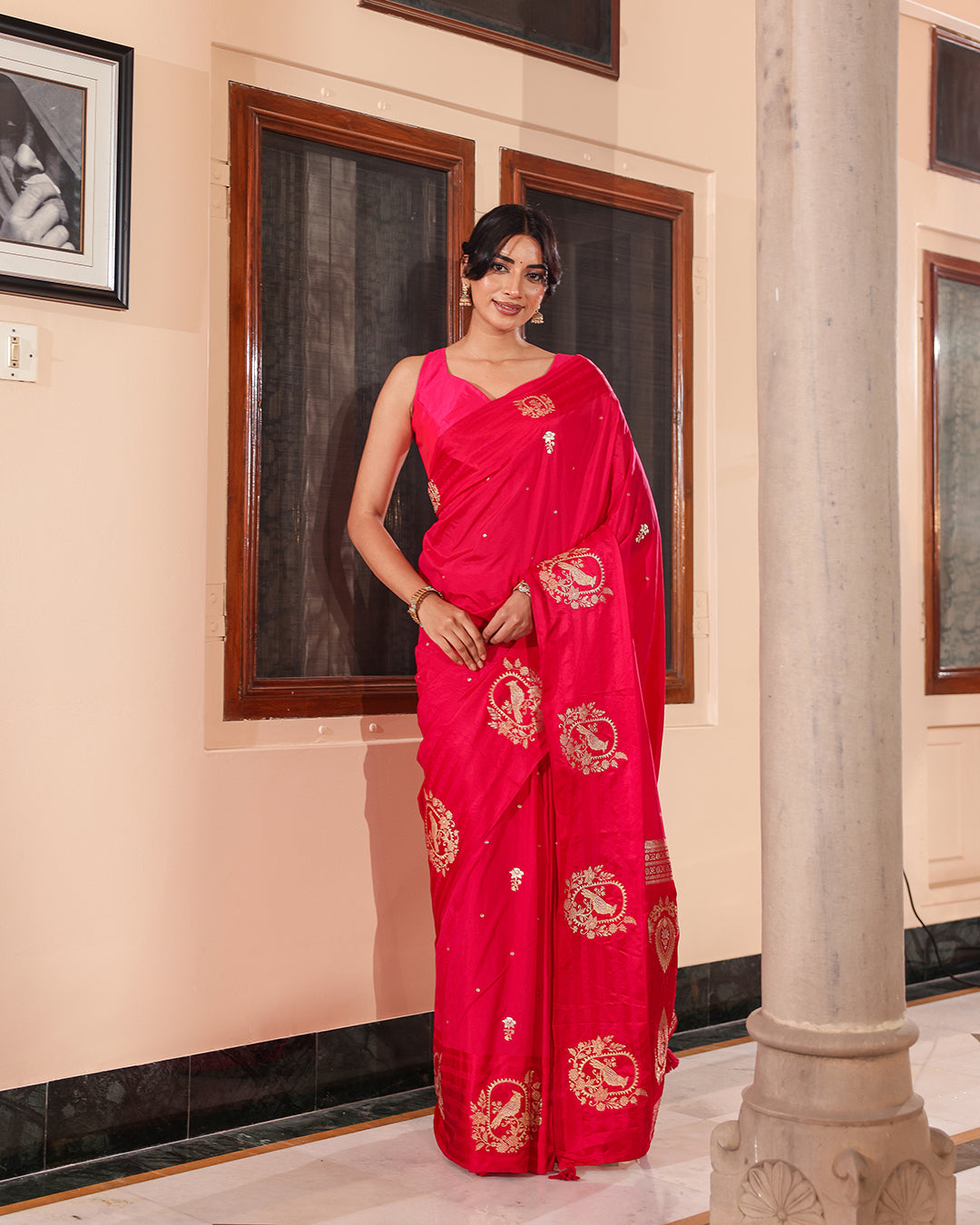 Magenta Sparrow Motif Silk Saree