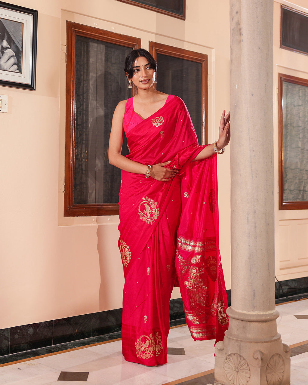 Magenta Sparrow Motif Silk Saree