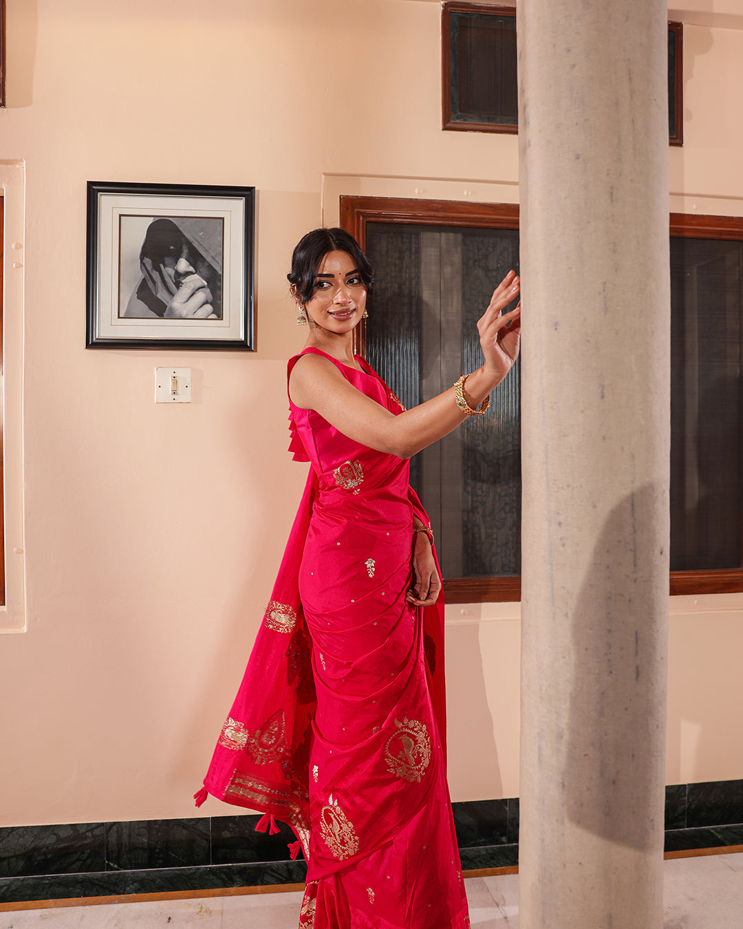 Magenta Sparrow Motif Silk Saree