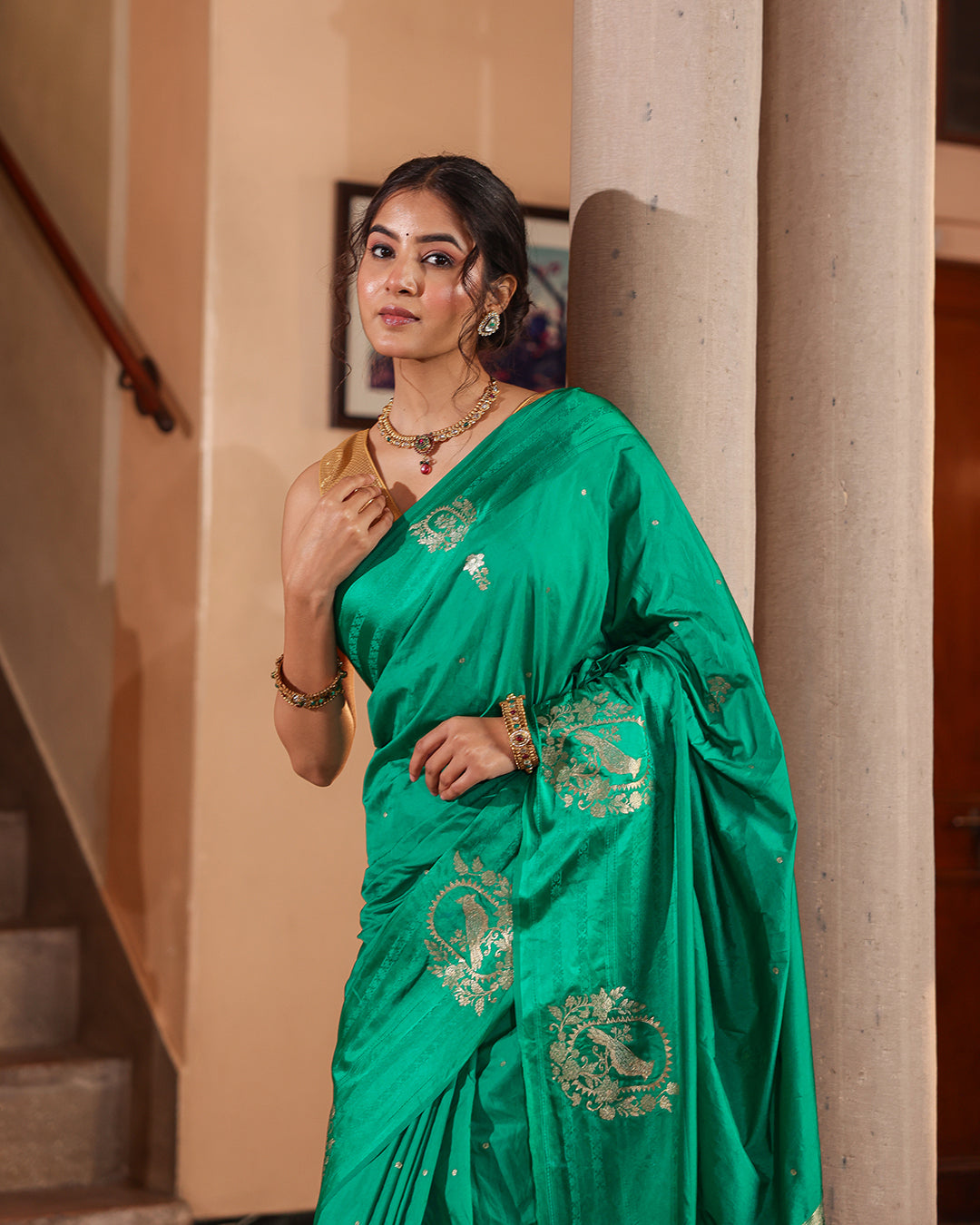 Sea Green Sparrow Motif Silk Saree
