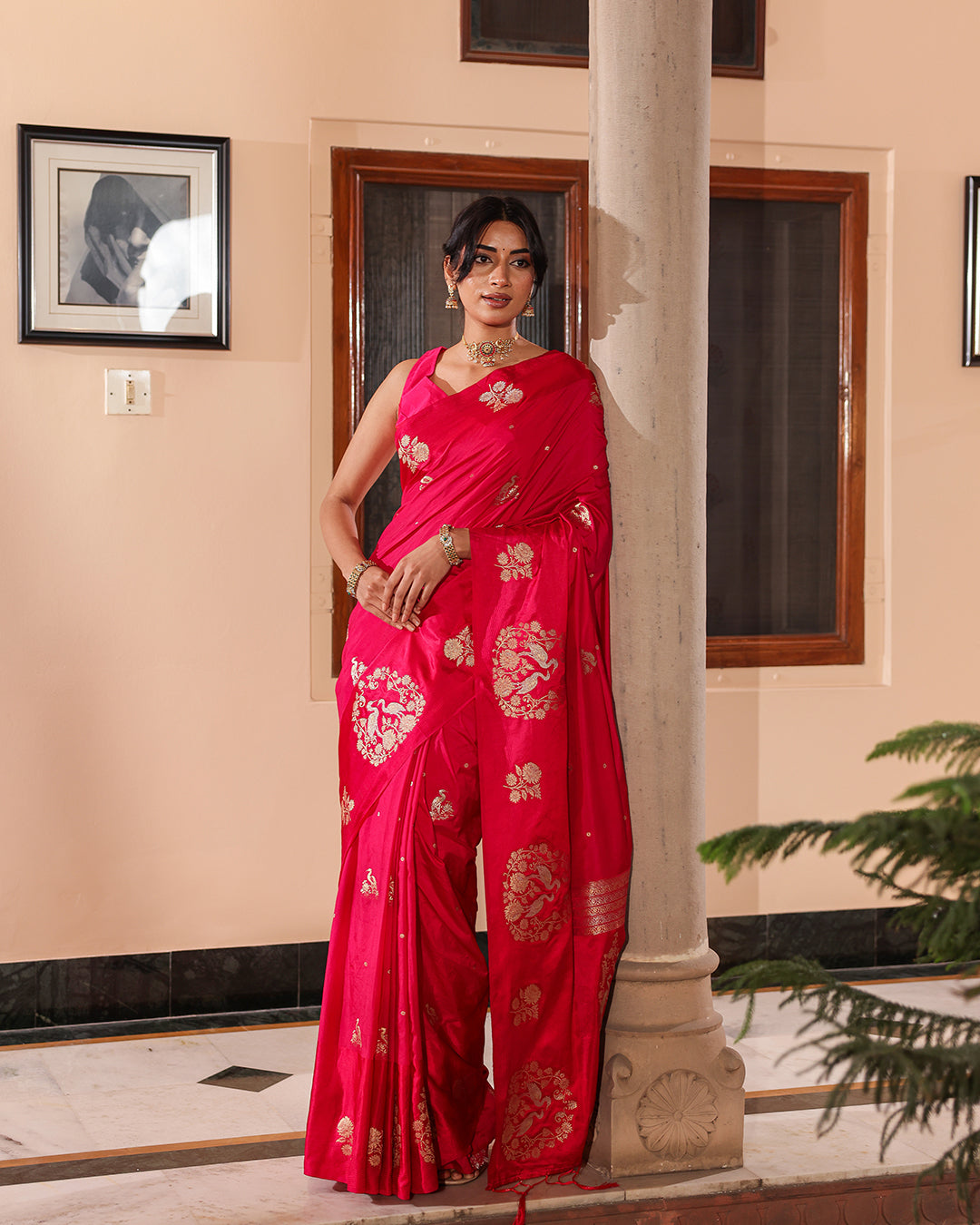 Magenta Swan Motif & Satin Border Silk Saree