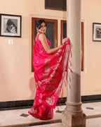 Magenta Swan Motif & Satin Border Silk Saree