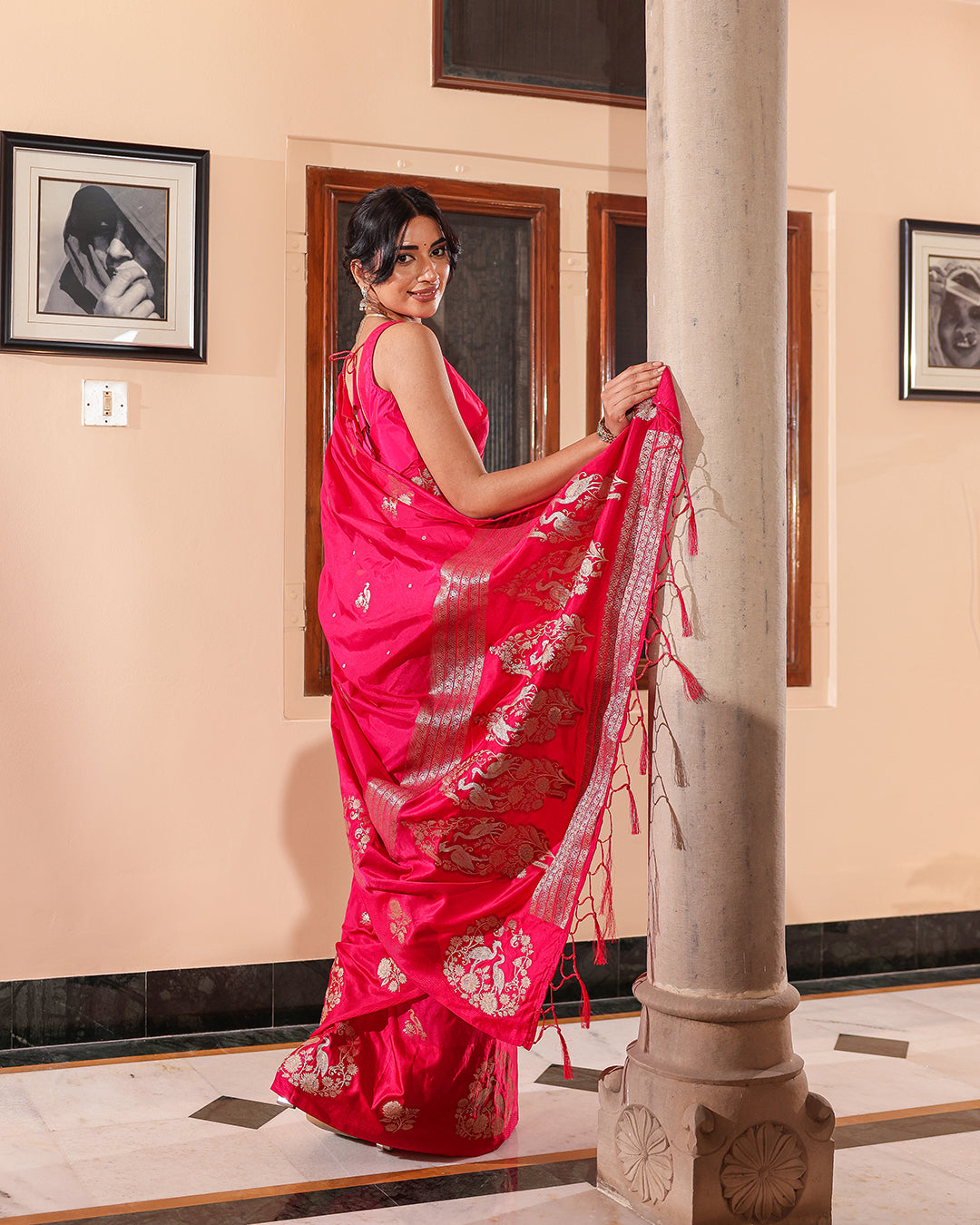 Magenta Swan Motif & Satin Border Silk Saree