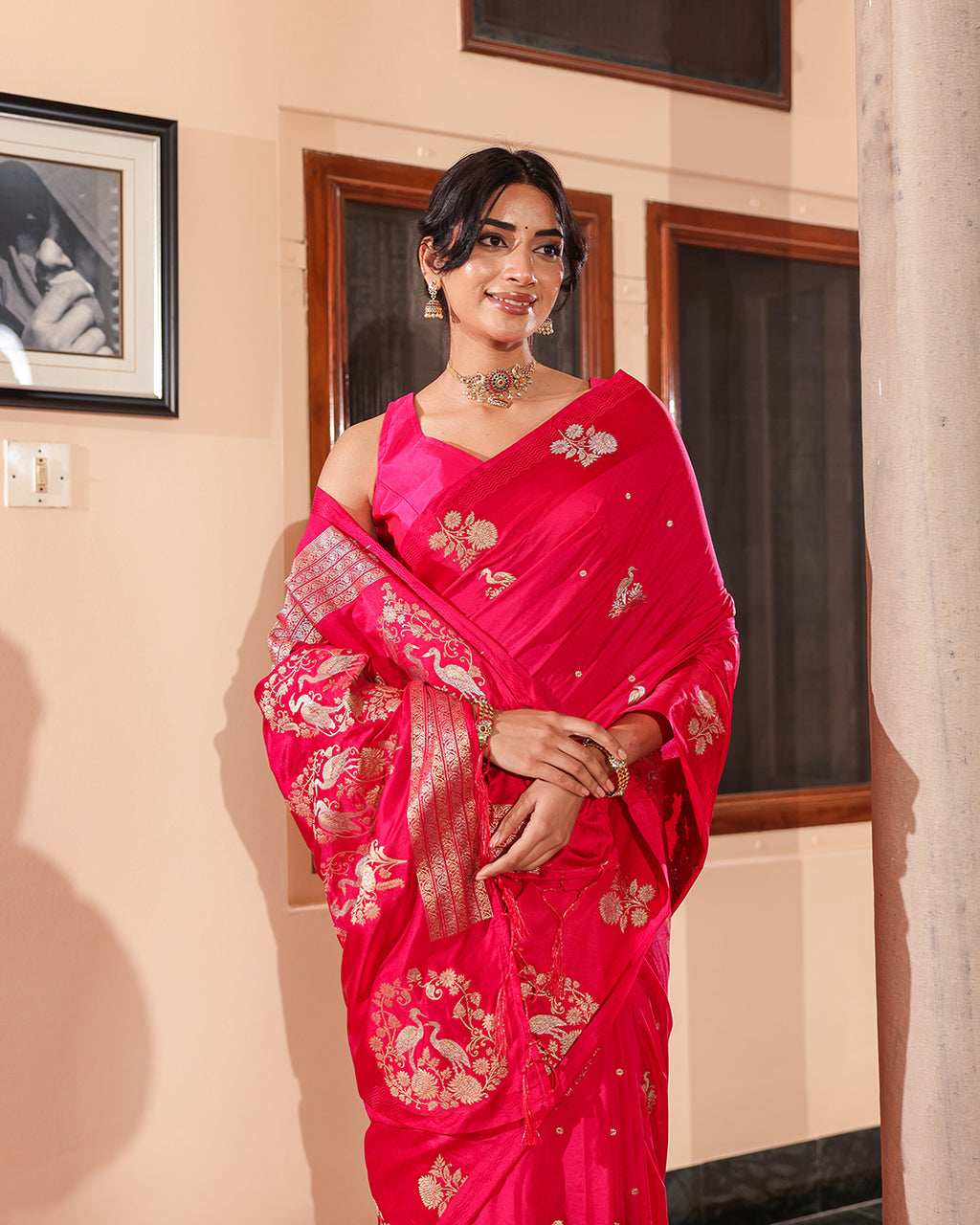 Magenta Swan Motif & Satin Border Silk Saree