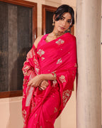 Magenta Swan Motif & Satin Border Silk Saree