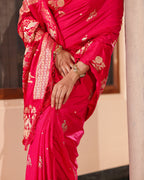 Magenta Swan Motif & Satin Border Silk Saree