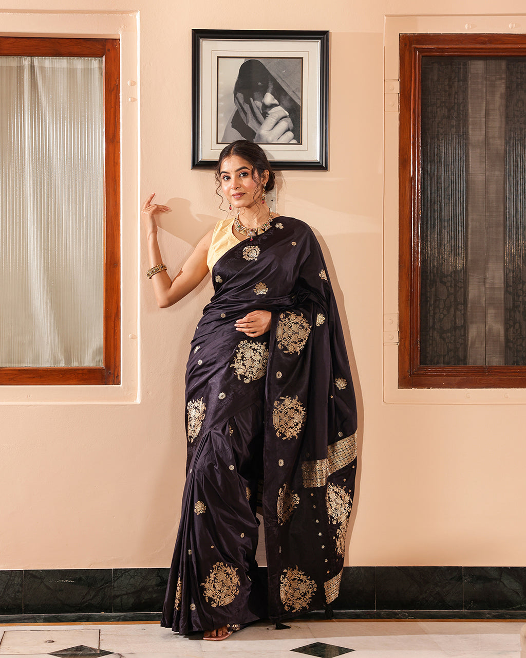Black Silk Satin Border & Golden Butti Saree