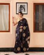 Black Silk Satin Border & Golden Butti Saree