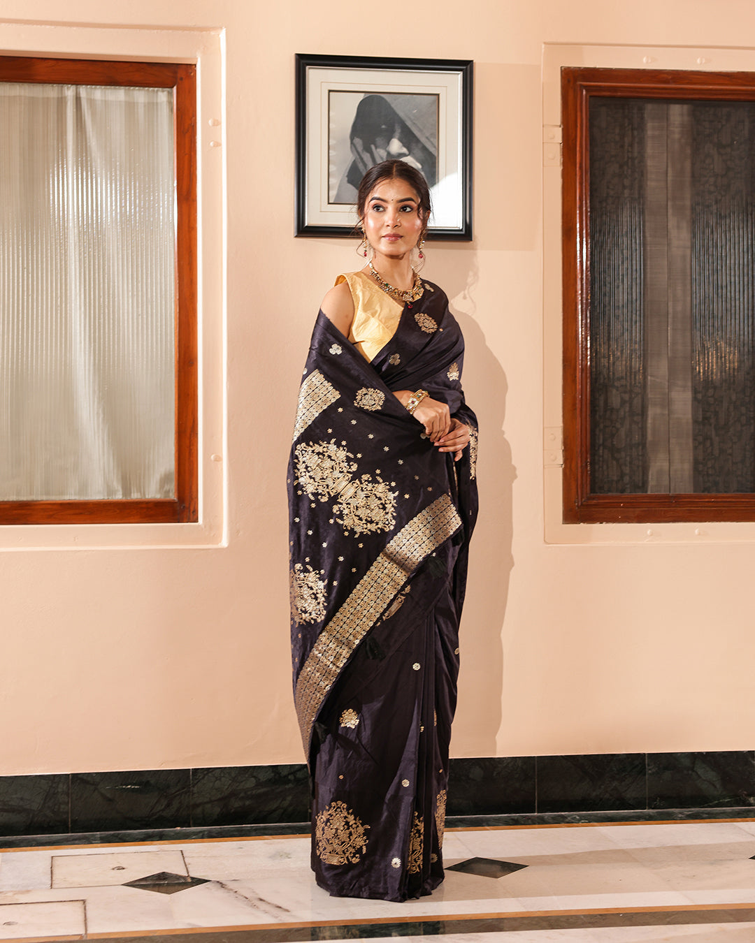 Black Silk Satin Border & Golden Butti Saree