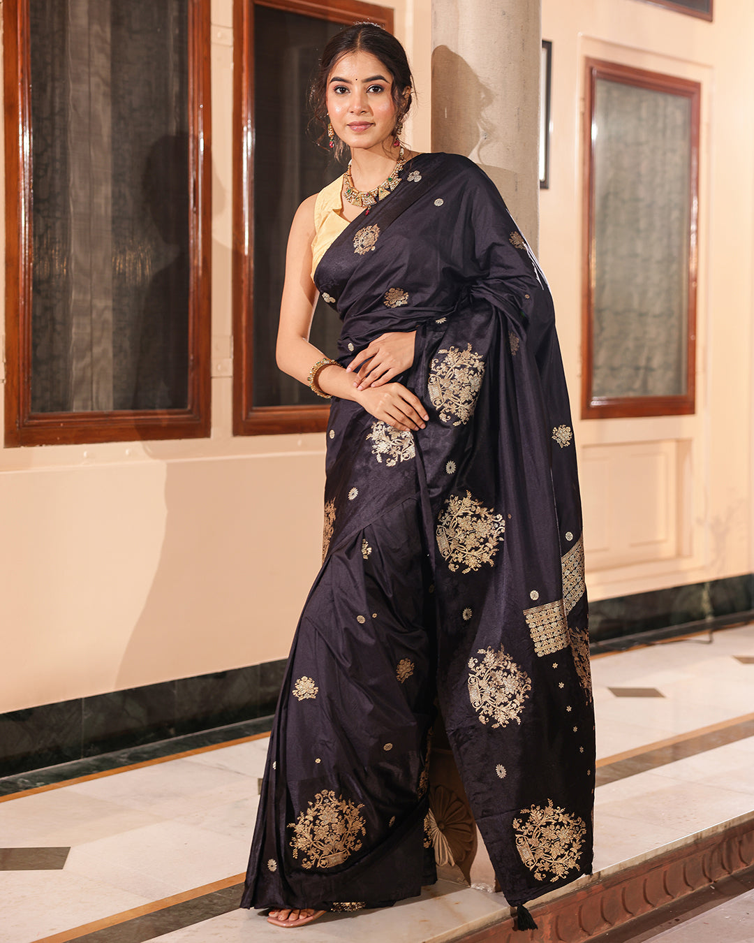 Black Silk Satin Border & Golden Butti Saree