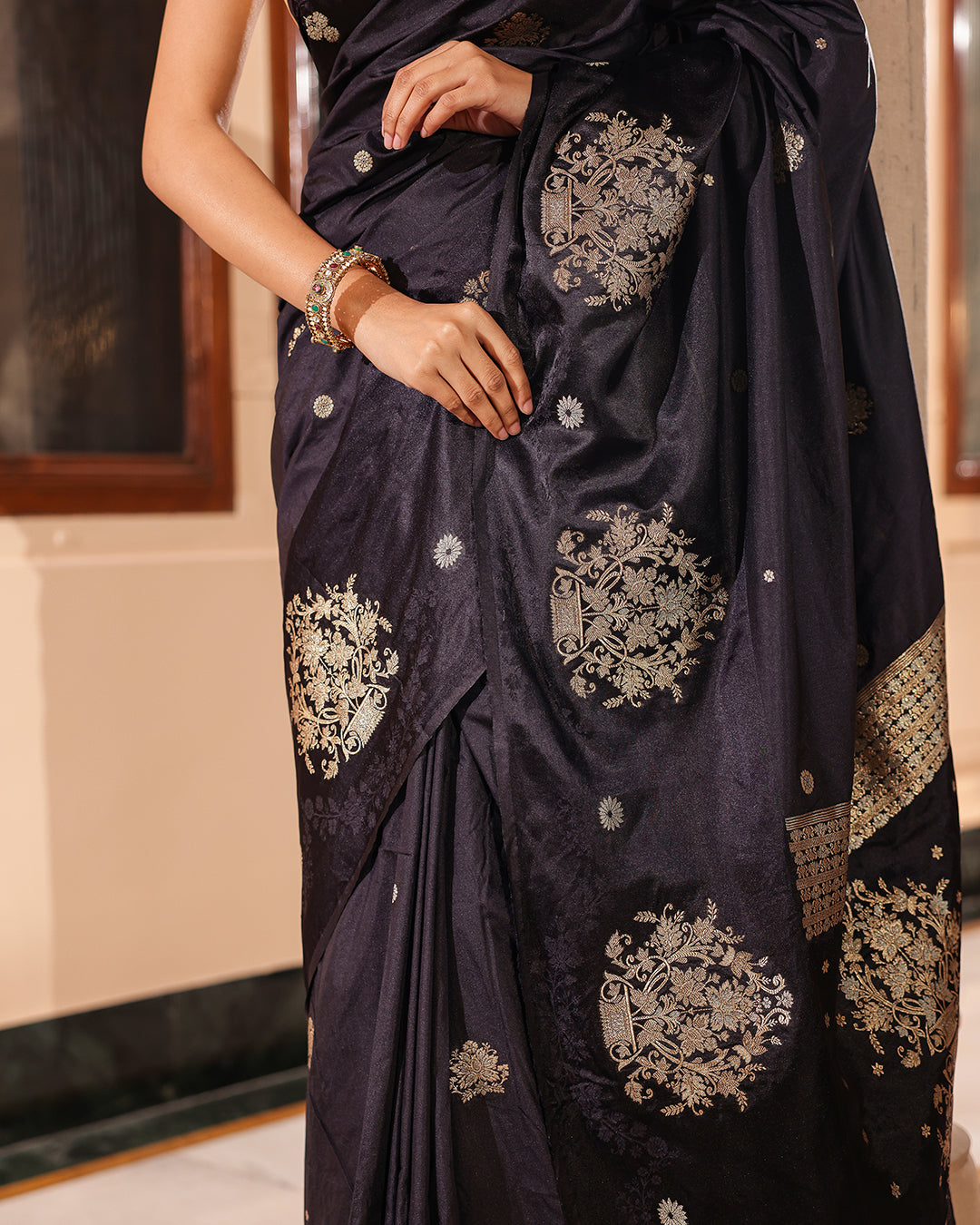 Black Silk Satin Border & Golden Butti Saree