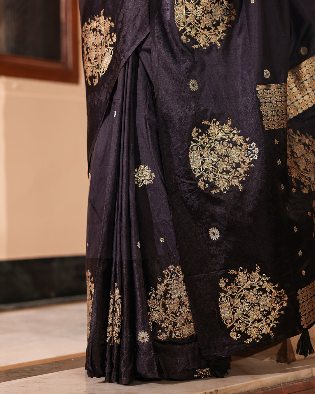 Black Silk Satin Border & Golden Butti Saree
