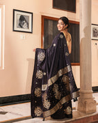 Black Silk Satin Border & Golden Butti Saree