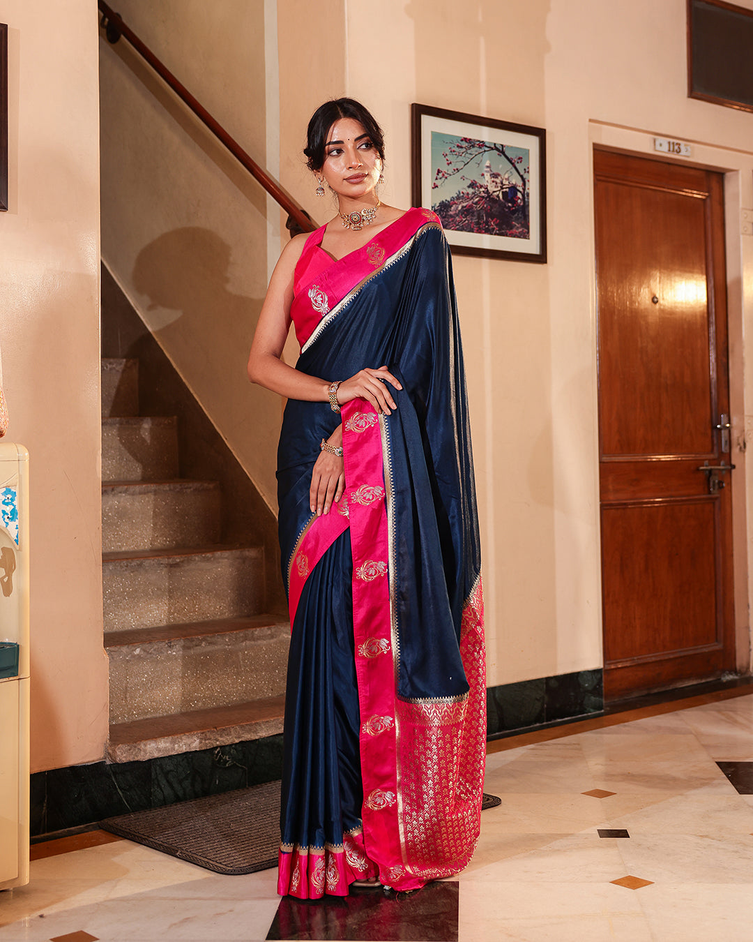 Navy Blue Magenta Border Soft Silk Saree