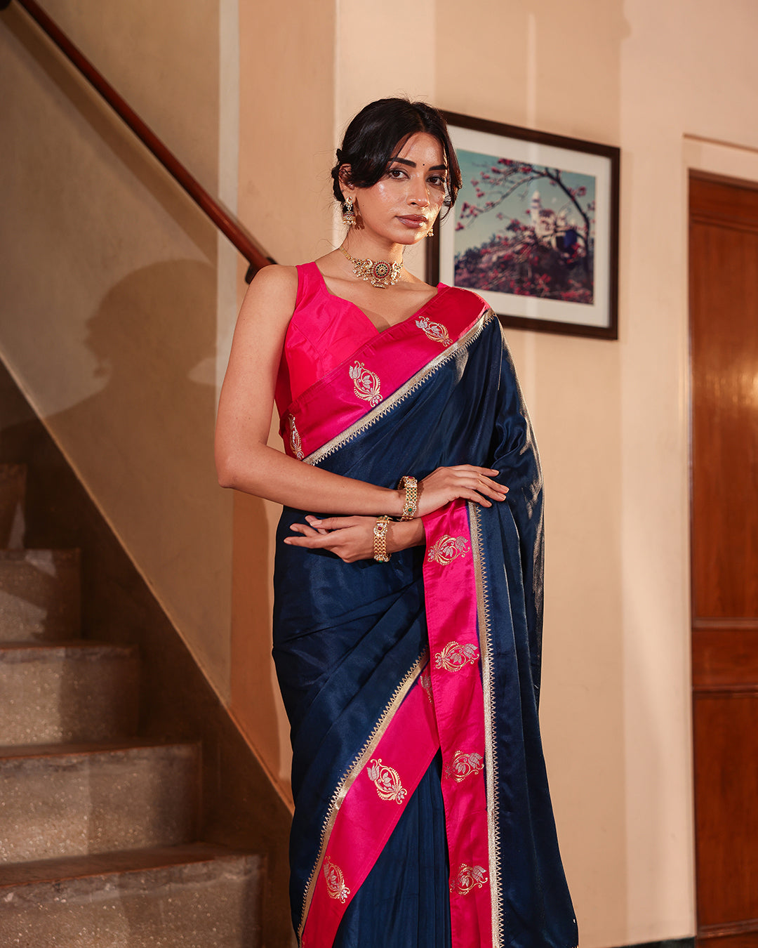 Navy Blue Magenta Border Soft Silk Saree