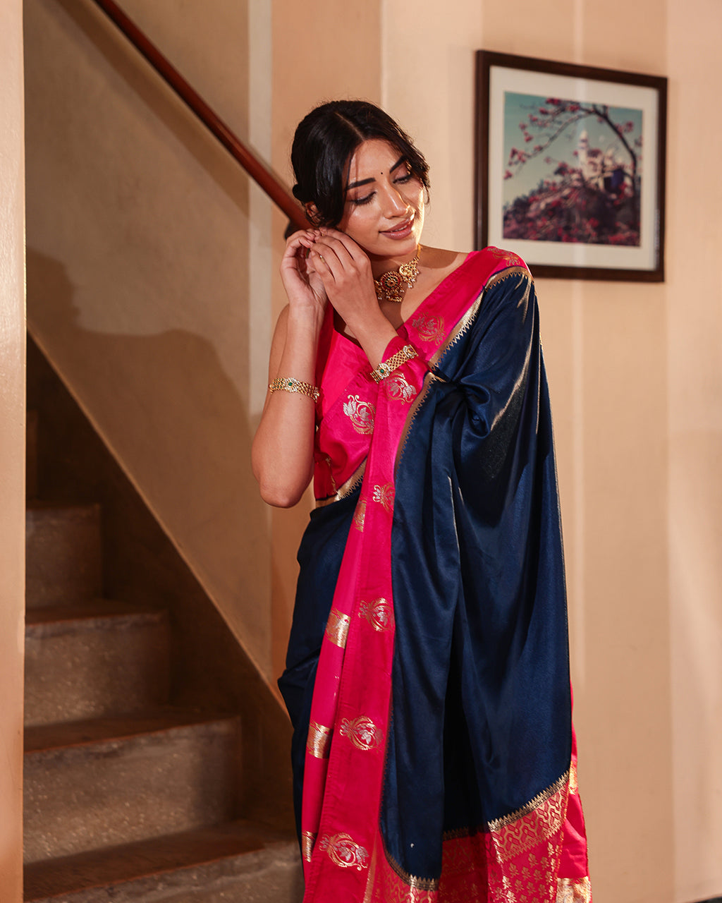 Navy Blue Magenta Border Soft Silk Saree